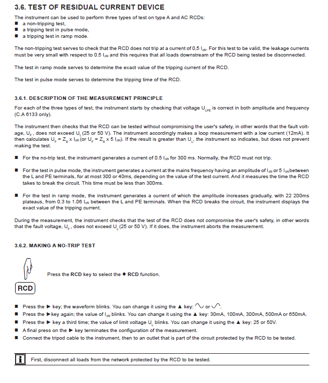 مراحل تست کلید RCD مطابق با دستورالعمل دستگاه CA 6133